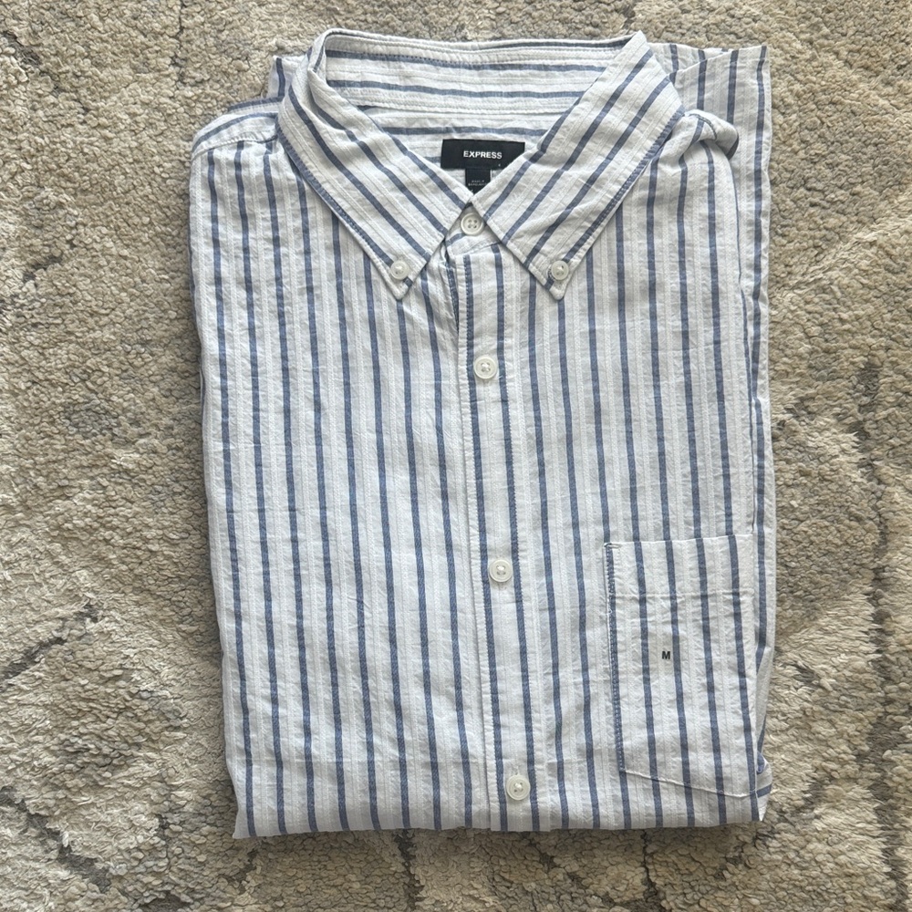 Express Men's White and Blue Striped Button Down Shirt